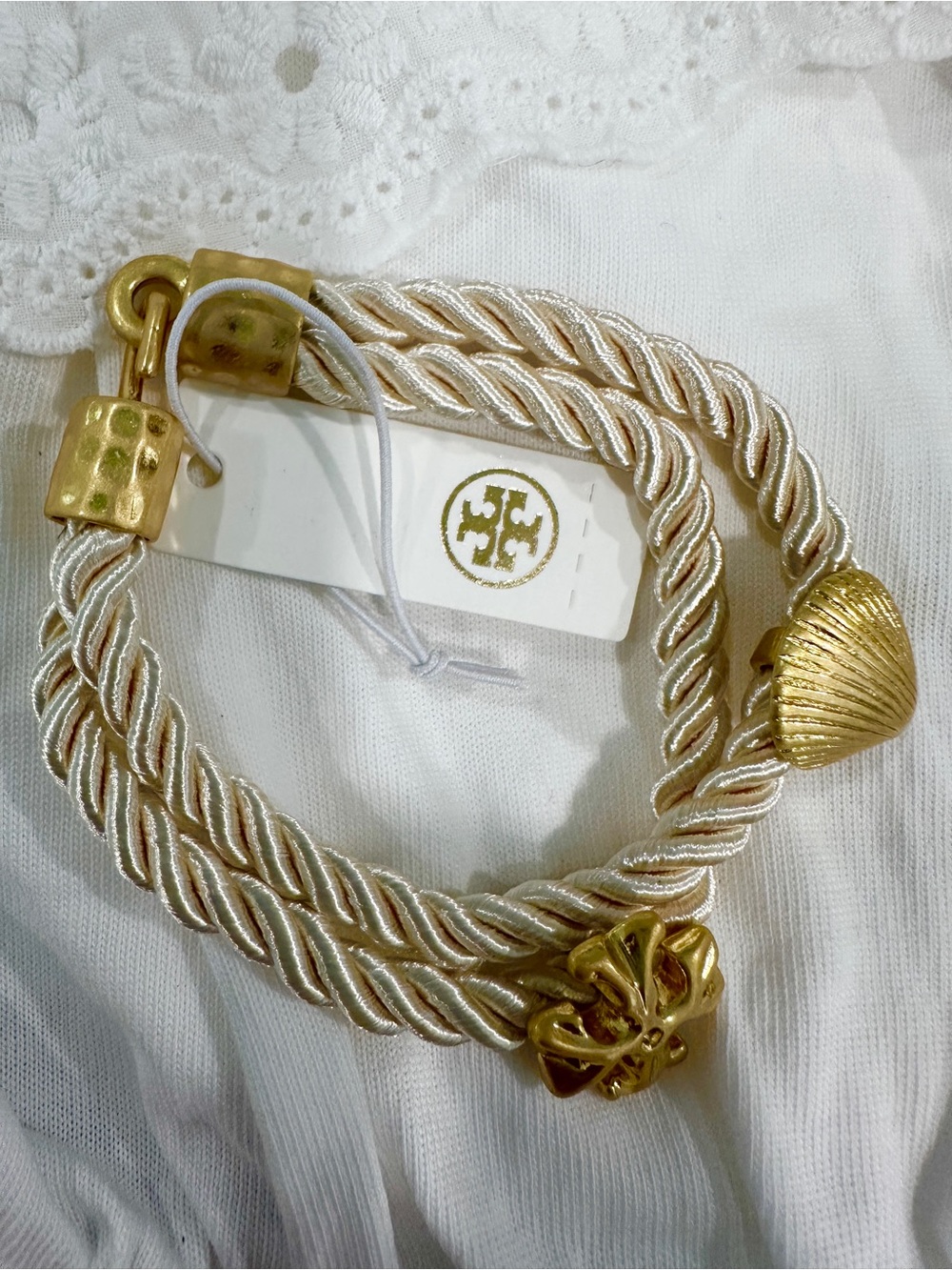 Tory Burch Cream Braided Rope Bracelet with Gold Shell and Logo Charms